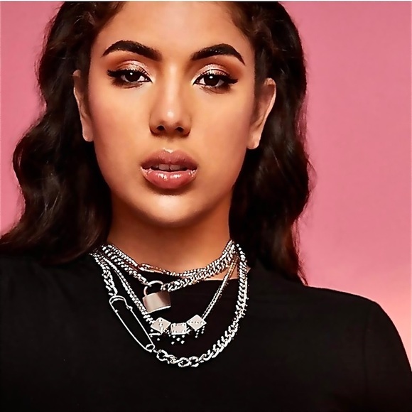 SILVER DICE AND SAFETY PIN MULTI LAYERED CHAIN NECKLACE​ - Picture 2 of 3